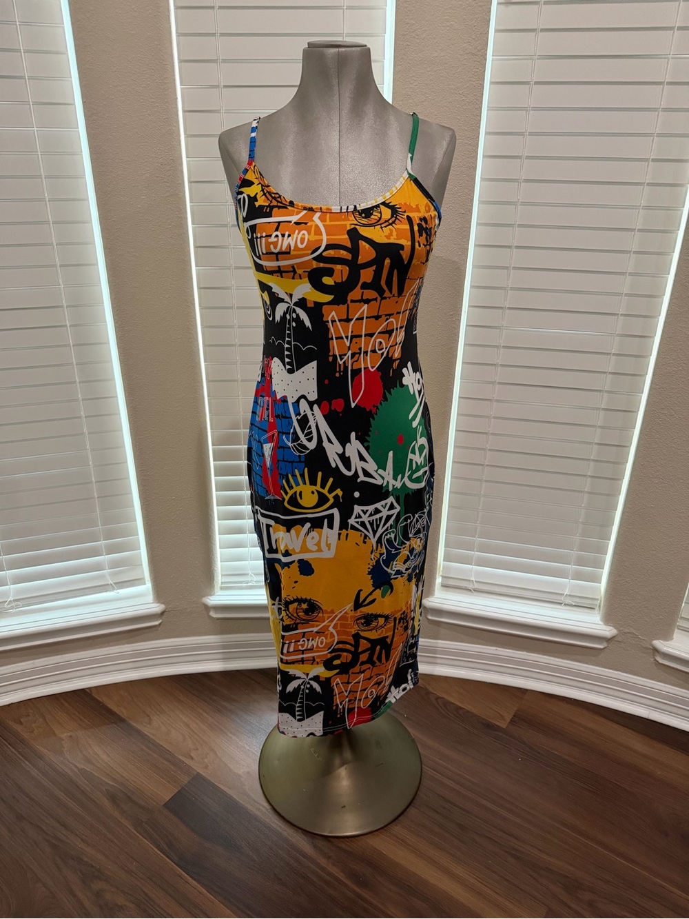 Graffiti Print Spaghetti Strap Midi Dress - Yellow Multi
